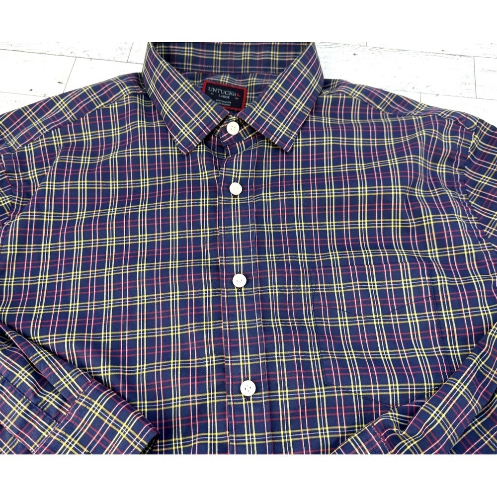 UNTUCKit Mens Plaid Button Down LS Shirt Navy Blue Red Yellow Polyester LARGE